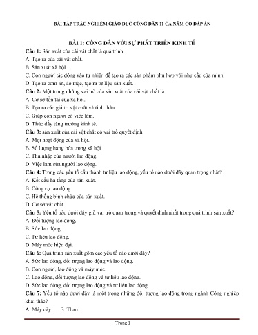 Bài tập trắc nghiệm Giáo dục công dân 11 cả năm (Có đáp án)