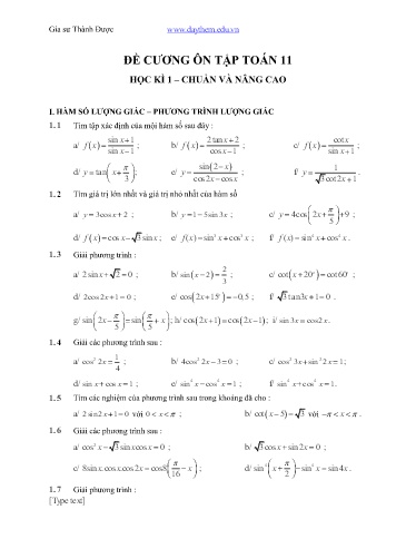 Đề cương ôn tập học kì I môn Toán 11