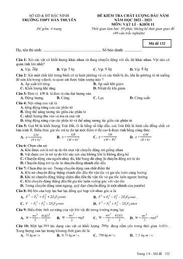 Đề khảo sát chất lượng đầu năm môn Vật lí 11 - Trường THPT Hàn Thuyên 2022-2023 (Có đáp án)