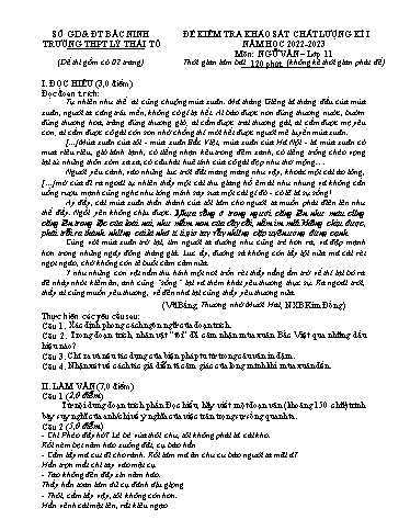 Đề khảo sát chất lượng học kì 1 môn Ngữ văn 11 - Trường THPT Lý Thái Tổ 2022-2023 (Có đáp án)