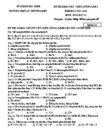 Đề khảo sát chất lượng (Lần 1) môn Hóa học 11 - Trường THPT Lý Thường Kiệt 2020-2021 (Có đáp án)