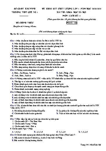 Đề khảo sát chất lượng (Lần 1) môn Lịch sử 11 - Trường THPT Quế Võ số 1 2020-2021 (Có đáp án)