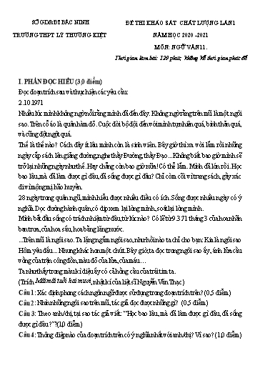 Đề khảo sát chất lượng (Lần 1) môn Ngữ văn 11 - Trường THPT Lý Thường Kiệt 2020-2021 (Có đáp án)