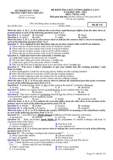 Đề khảo sát chất lượng (Lần 1) môn Tiếng Anh 11 - Trường THPT Hàn Thuyên 2022-2023 (Có đáp án)