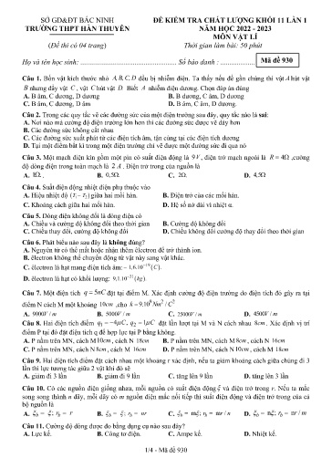 Đề khảo sát chất lượng (Lần 1) môn Vật lí 11 - Trường THPT Hàn Thuyên 2022-2023 (Có đáp án)