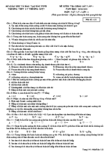 Đề khảo sát chất lượng (Lần 1) môn Vật lí 11 - Trường THPT Lý Thường Kiệt 2020-2021 (Có đáp án)