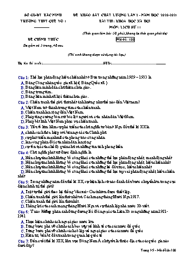 Đề khảo sát chất lượng (Lần 2) môn Lịch sử 11 - Trường THPT Quế Võ số 1 2020-2021 (Có đáp án)