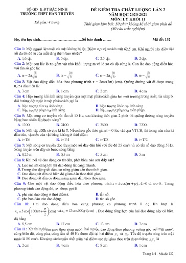 Đề khảo sát chất lượng (Lần 2) môn Vật lí 11 - Trường THPT Hàn Thuyên 2020-2021 (Có đáp án)
