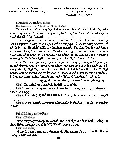 Đề khảo sát chất lượng (Lần 3) môn Ngữ văn 11 - Trường THPT Nguyễn Đăng Đạo 2020-2021 (Có đáp án)