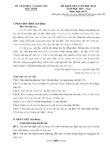 Đề kiểm tra cuối học kì 2 môn Ngữ văn 11 - Sở GD&ĐT Bắc Ninh 2023-2024 (Có đáp án)