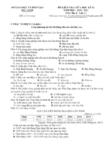 Đề kiểm tra giữa học kì 2 môn Địa lí 11 - Sở GD&ĐT Bắc Ninh 2020-2021 (Có đáp án)