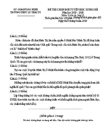 Đề thi chọn đội tuyển HSG môn Lịch sử 11 - Trường THPT Lý Thái Tổ 2019-2020 (Có đáp án)
