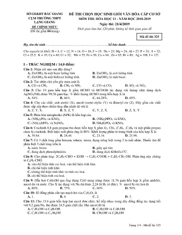 Đề thi chọn HSG cấp cơ sở môn Hóa học 11 cụm Lạng Giang - Sở GD&ĐT Bắc Giang 2018-2019 (Có đáp án)