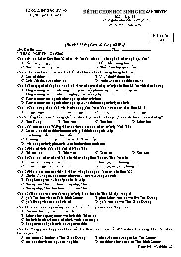 Đề thi chọn HSG cấp huyện môn Địa lí 11 - Sở GD&ĐT Bắc Giang 2018-2019 (Có đáp án)