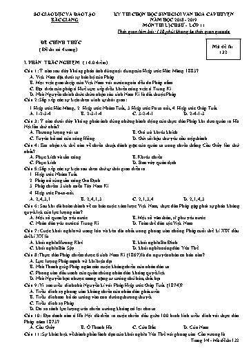 Đề thi chọn HSG cấp huyện môn Lịch sử 11 - Sở GD&ĐT Bắc Giang 2018-2019 (Có đáp án)