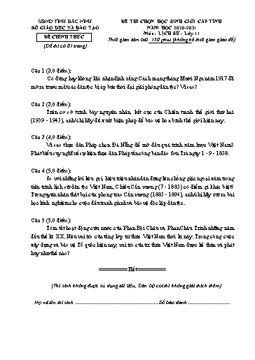 Đề thi chọn HSG cấp tỉnh môn Lịch sử 11 - Sở GD&ĐT Bắc Ninh 2020-2021 (Có đáp án)
