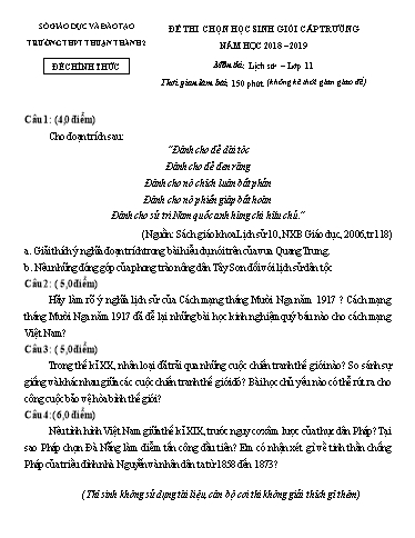 Đề thi chọn HSG cấp trường môn Lịch sử 11 - Trường THPT Thuận Thành số 2 2018-2019 (Có đáp án)