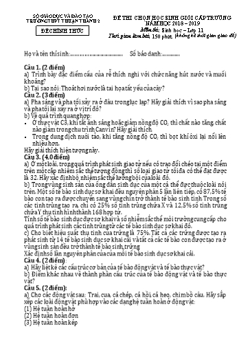Đề thi chọn HSG cấp trường môn Sinh học 11 - Trường THPT Thuận Thành số 2 2018-2019 (Có đáp án)