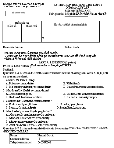 Đề thi chọn HSG cấp trường môn Tiếng Anh 11 - Trường THPT Thuận Thành số 2 2018-2019 (Có đáp án)