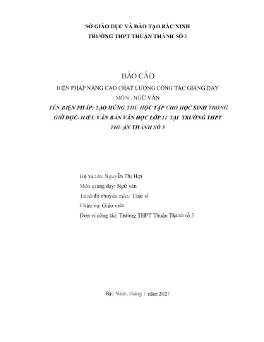 Sáng kiến kinh nghiệm Tạo hứng thú học tập cho học sinh trong giờ đọc-hiểu văn bản văn học Lớp 11 tại Trường THPT Thuận Thành số 3